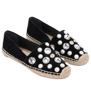 Pre-owned Tory Burch 20mm Faux Pearl Accent Velvet Rhinestone Espadrilles